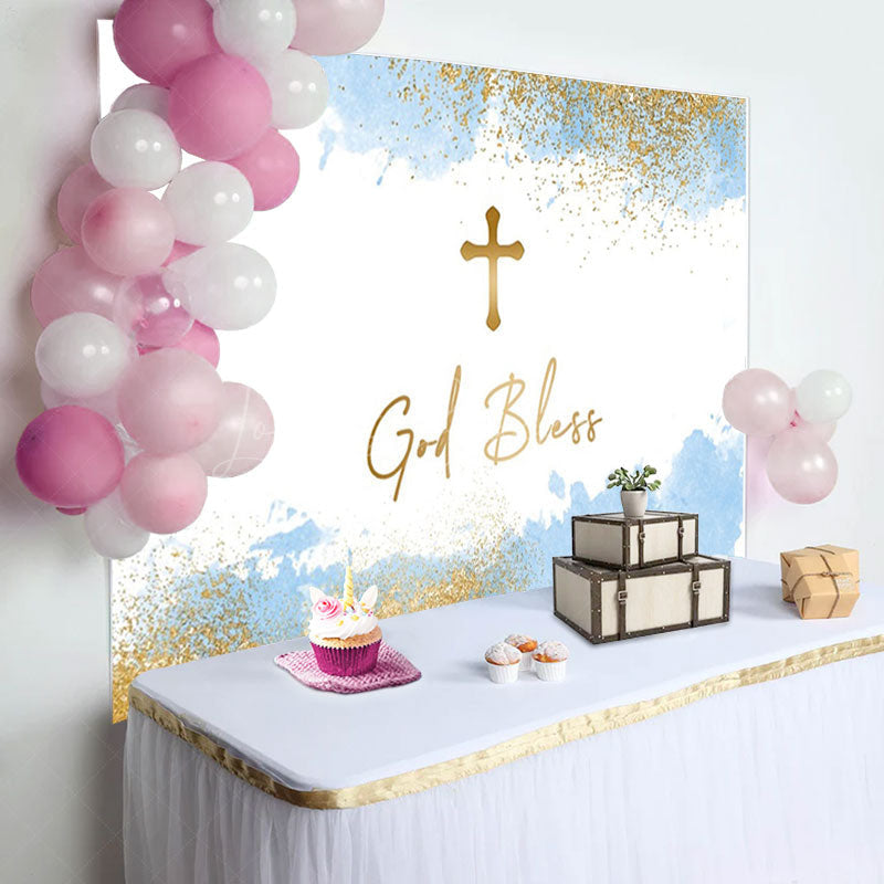 Lofaris White Blue Gold Cross God Bless Baptism Backdrop