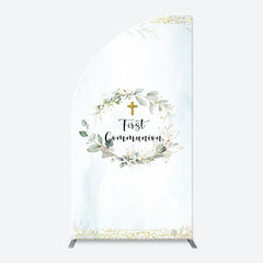 Lofaris White Blue Leaves Gold Cross Arch Baptism Backdrop