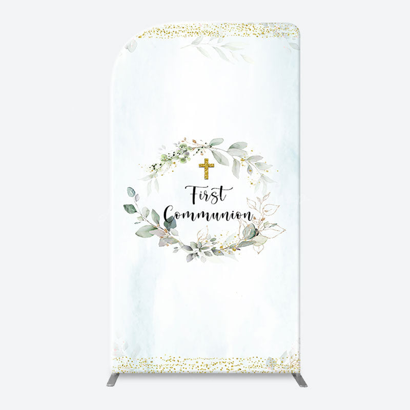 Lofaris White Blue Leaves Gold Cross Arch Baptism Backdrop