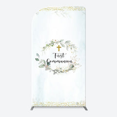 Lofaris White Blue Leaves Gold Cross Arch Baptism Backdrop