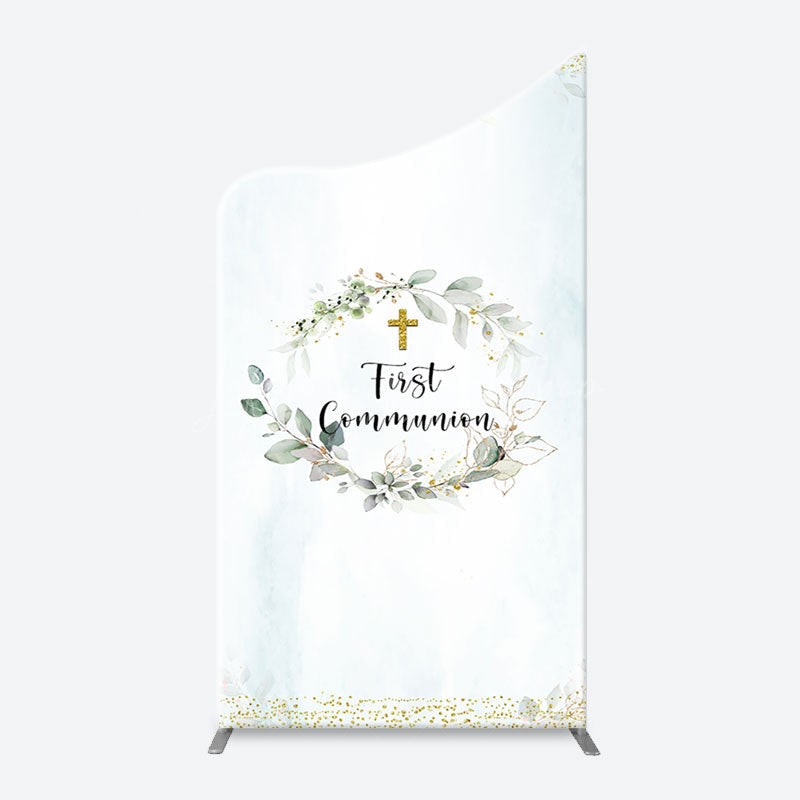 Lofaris White Blue Leaves Gold Cross Arch Baptism Backdrop