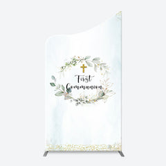 Lofaris White Blue Leaves Gold Cross Arch Baptism Backdrop