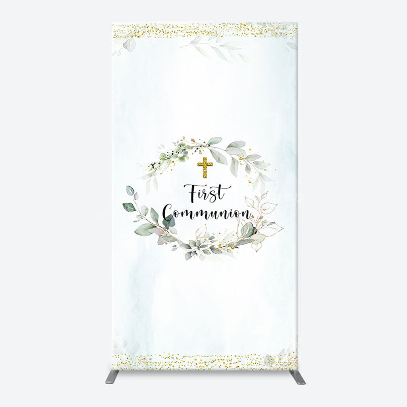 Lofaris White Blue Leaves Gold Cross Arch Baptism Backdrop