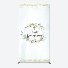 Lofaris White Blue Leaves Gold Cross Arch Baptism Backdrop
