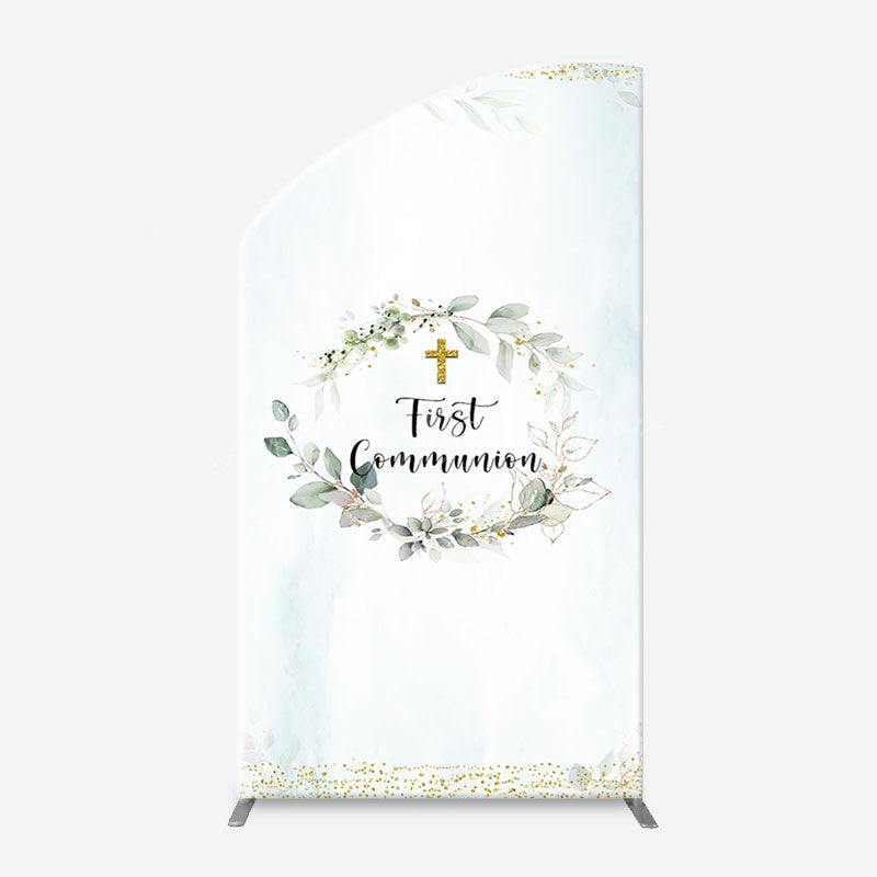 Lofaris White Blue Leaves Gold Cross Arch Baptism Backdrop