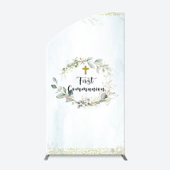 Lofaris White Blue Leaves Gold Cross Arch Baptism Backdrop