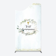 Lofaris White Blue Leaves Gold Cross Arch Baptism Backdrop