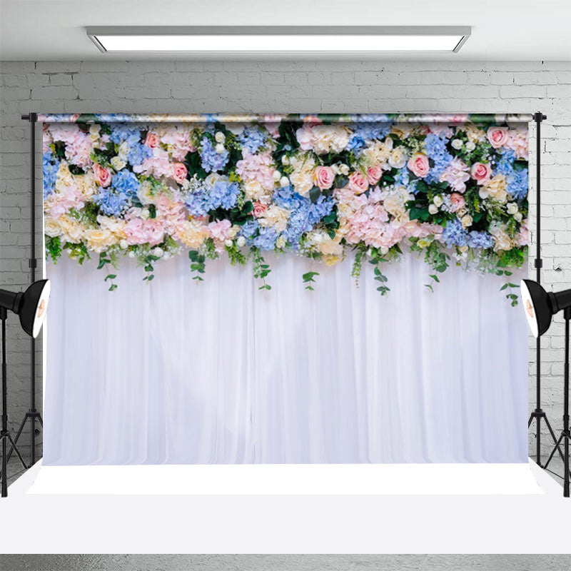 Lofaris White Blue Pink Floral Greenery Wedding Backdrop