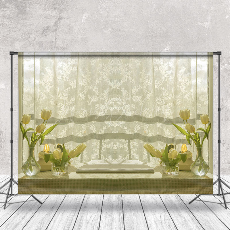 Lofaris White Curtain Floral Table Spring Photo Backdrop