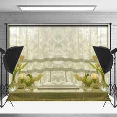 Lofaris White Curtain Floral Table Spring Photo Backdrop