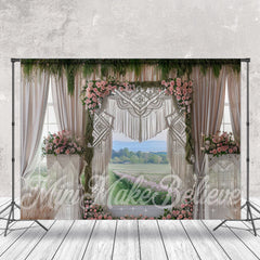 Lofaris White Curtain Green Plant Pink Flowers Boho Backdrop