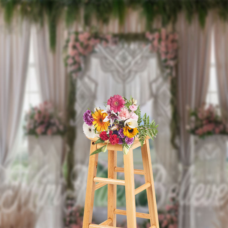 Lofaris White Curtain Green Plant Pink Flowers Boho Backdrop