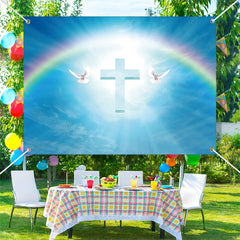 Lofaris White Dove Cross Rainbow Blue Sky Baptism Backdrop