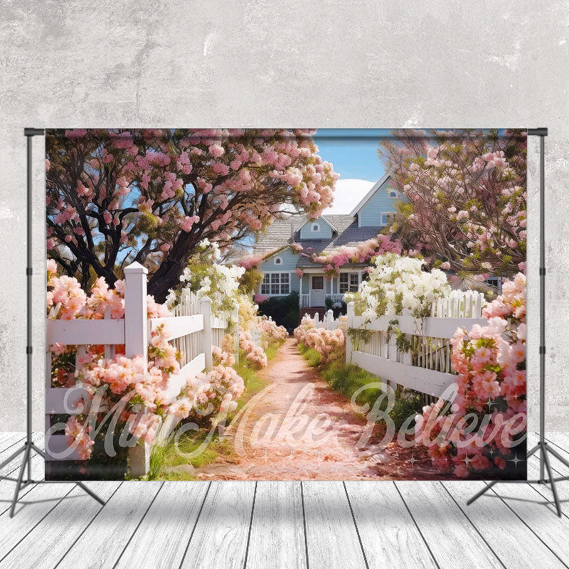 Lofaris White Fence Path Pink Flower Tree Spring Backdrop