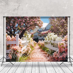 Lofaris White Fence Path Pink Flower Tree Spring Backdrop