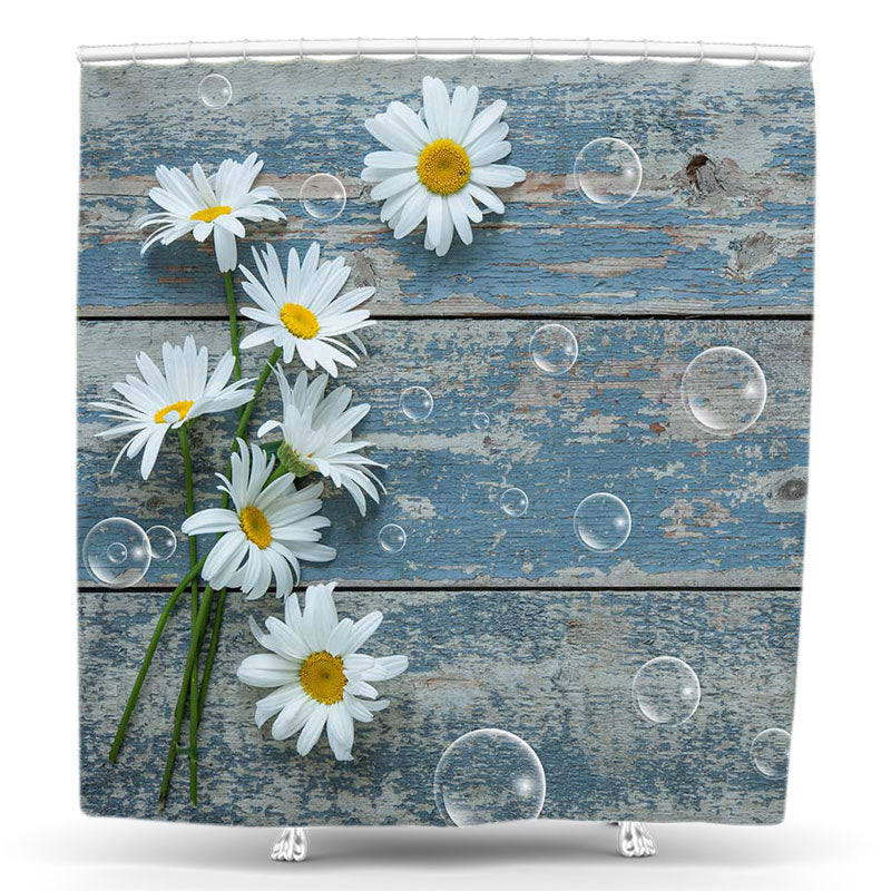 Lofaris White Floral Broken Blue Wood Bubble Shower Curtain