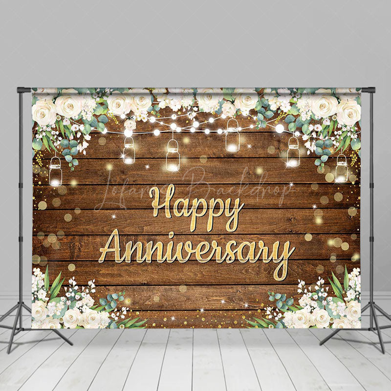 Lofaris White Floral Brown Wood Bokeh Anniversary Backdrop