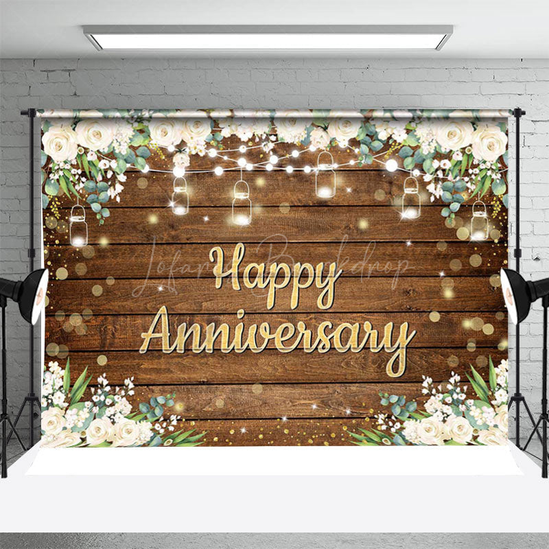 Lofaris White Floral Brown Wood Bokeh Anniversary Backdrop