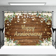 Lofaris White Floral Brown Wood Bokeh Anniversary Backdrop