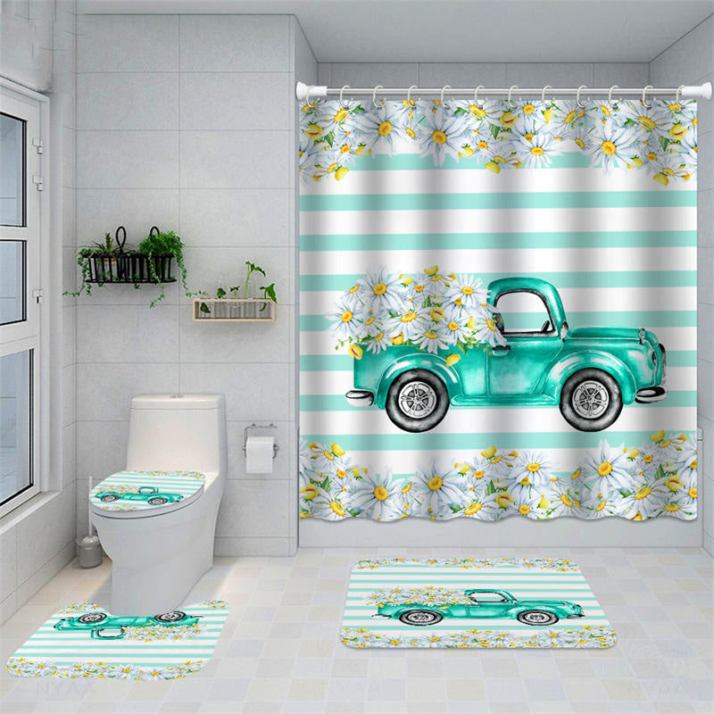 Lofaris White Floral Green Cart Shower Curtain For Bathtub