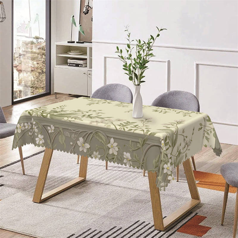 Lofaris White Floral Green Vine Spring Rectangle Tablecloth