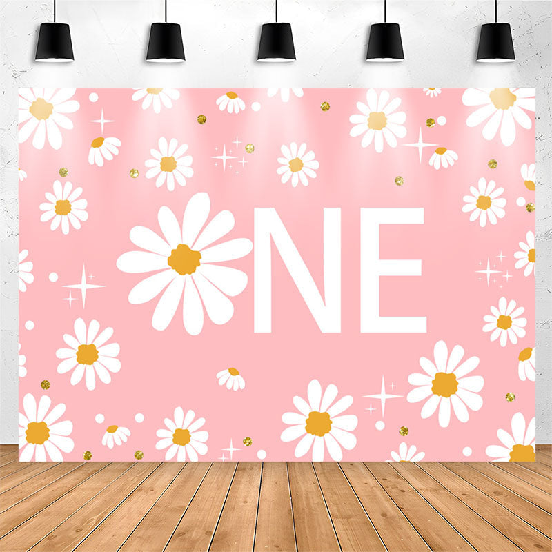 Lofaris White Floral Shining Pink 1st Birthday Backdrop For Girl