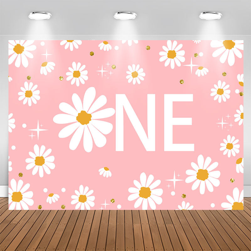 Lofaris White Floral Shining Pink 1st Birthday Backdrop For Girl
