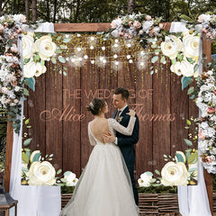 Lofaris White Flowers And Lights Wooden Themed Wedding Backdrop
