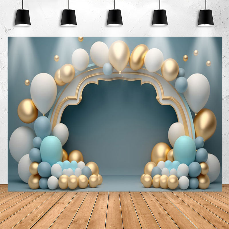 Lofaris White Gold Balloon Blue Wall 1st Birthday Backdrop