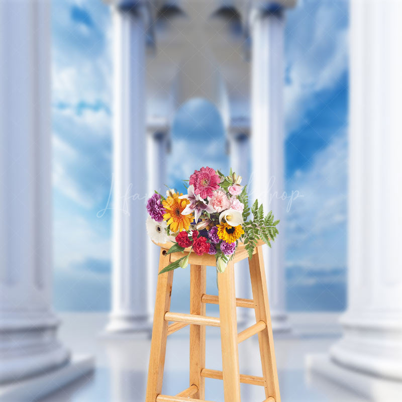 Lofaris White Greek Pillars Blue Sky Photo Booth Backdrop