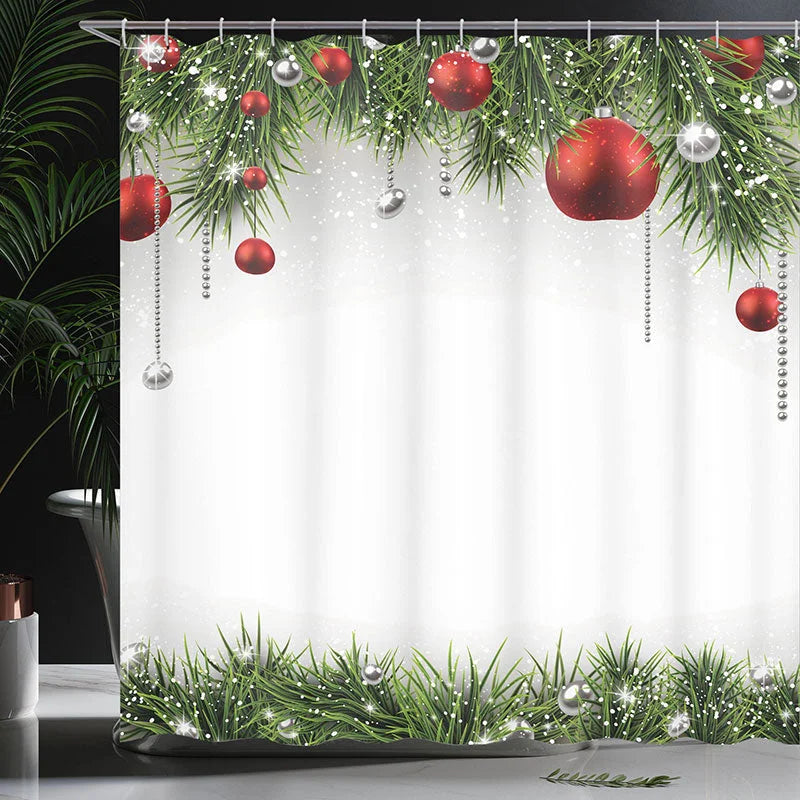 Lofaris White Green Plant Bauble Christmas Shower Curtain