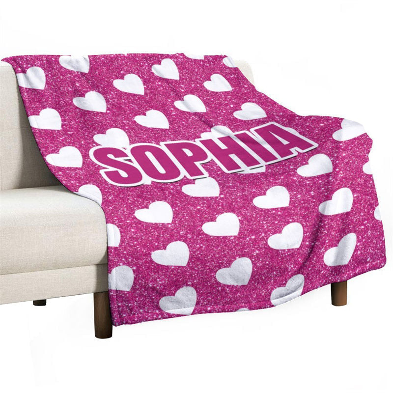Lofaris White Heart Pink Custom Name Valentines Day Blanket