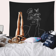 Lofaris White Lines Flower Woman Black Tapestry For Bedroom