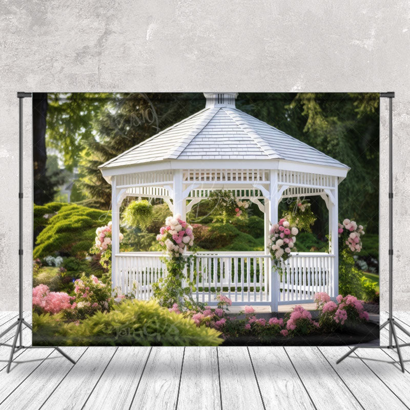 Lofaris White Pavilion Green Trees Spring Photo Backdrop
