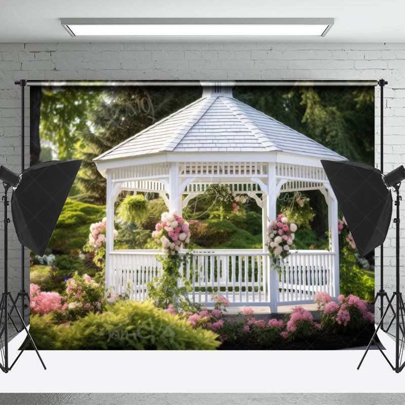 Lofaris White Pavilion Green Trees Spring Photo Backdrop