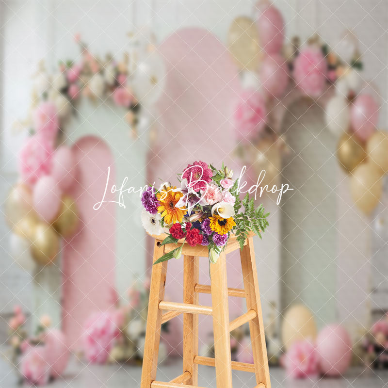 Lofaris White Pink Arch Balloons Floral Cake Smash Backdrop
