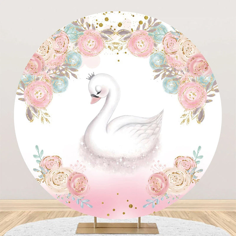 Lofaris White Pink Blue Floral Swan Round Birthday Backdrop