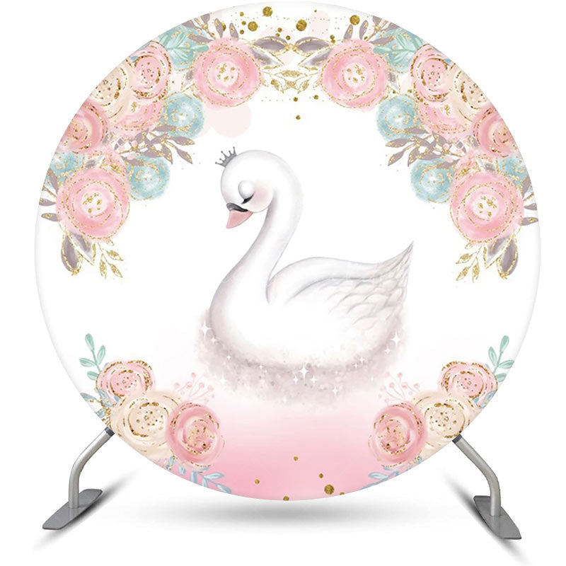 Lofaris White Pink Blue Floral Swan Round Birthday Backdrop