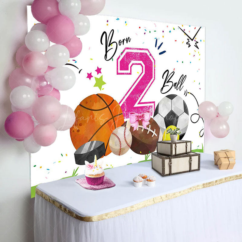 Lofaris White Pink Born 2 Ball Sports Backdrop For Birthday