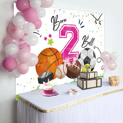 Lofaris White Pink Born 2 Ball Sports Backdrop For Birthday