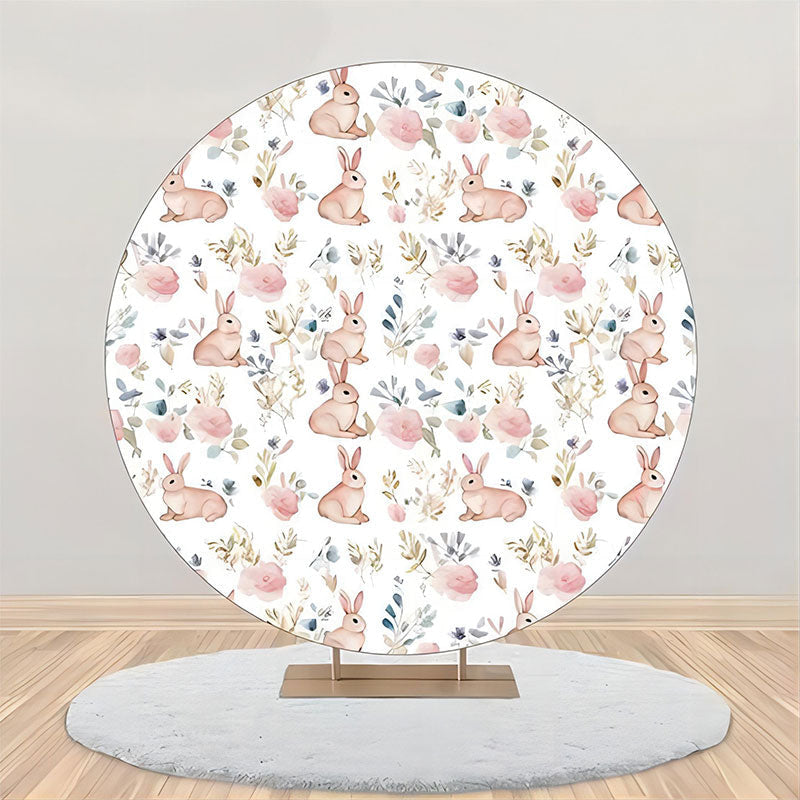 Lofaris White Pink Bunny Greenery Round Birthday Backdrop