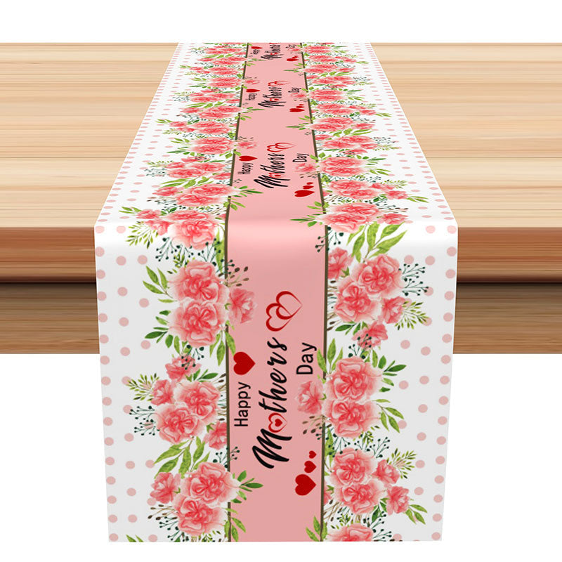 Lofaris White Pink Dot Floral Happy Mothers Day Table Runner