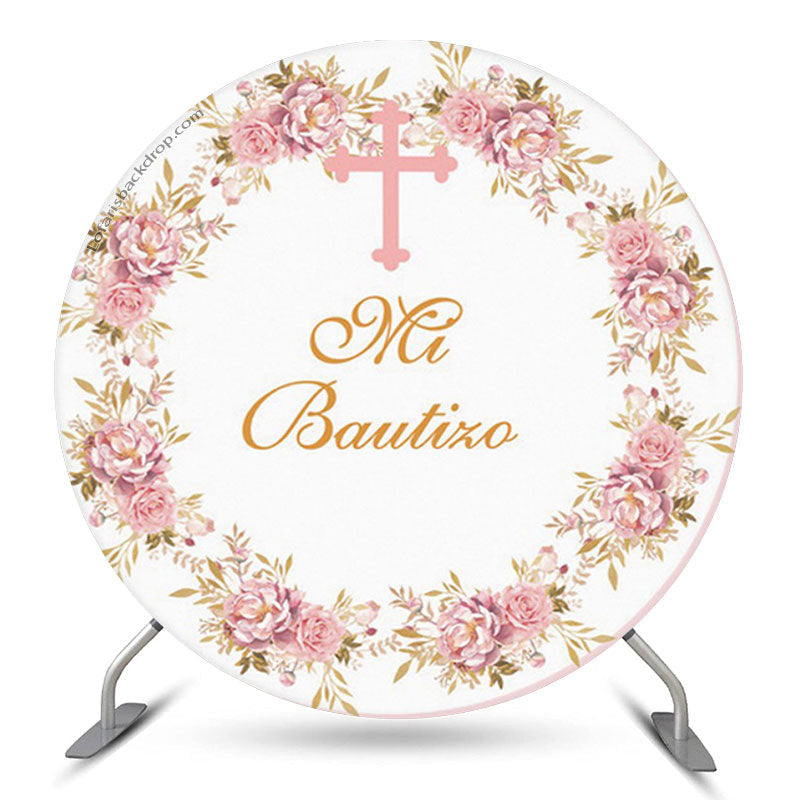 Lofaris White Pink Floral Cross Round Backdrop For Baptism