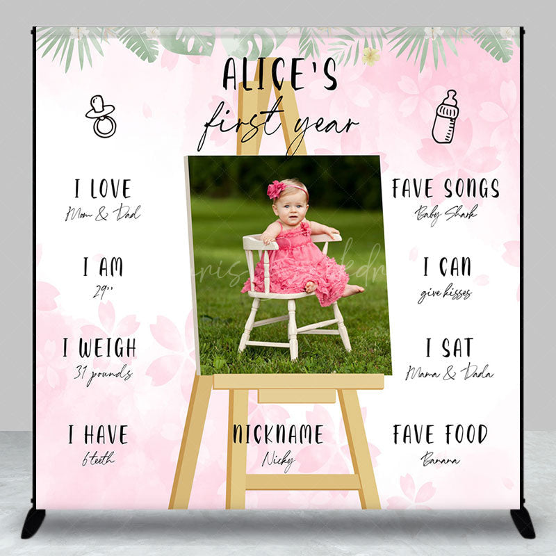 Lofaris White Pink Floral Leaf Custom 1st Birthday Backdrop