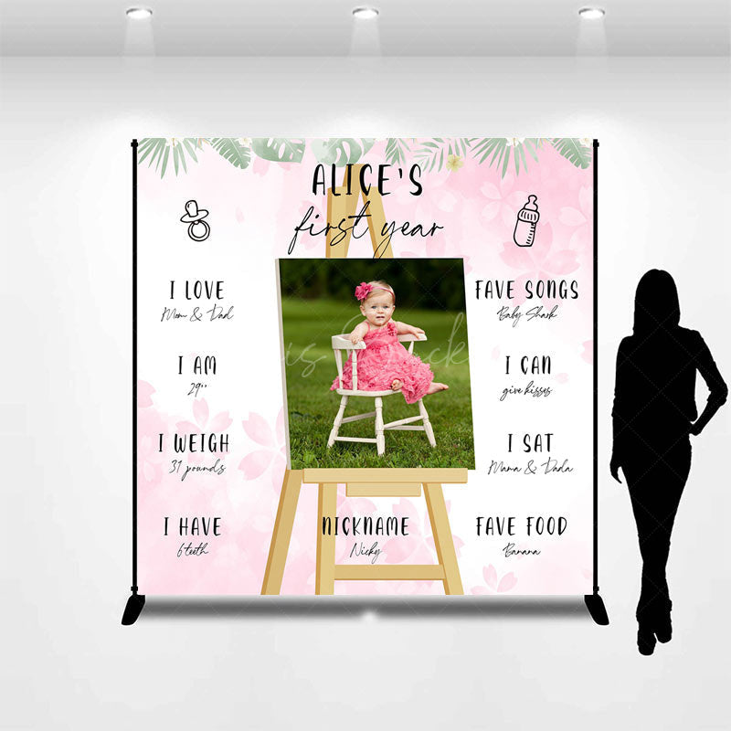 Lofaris White Pink Floral Leaf Custom 1st Birthday Backdrop