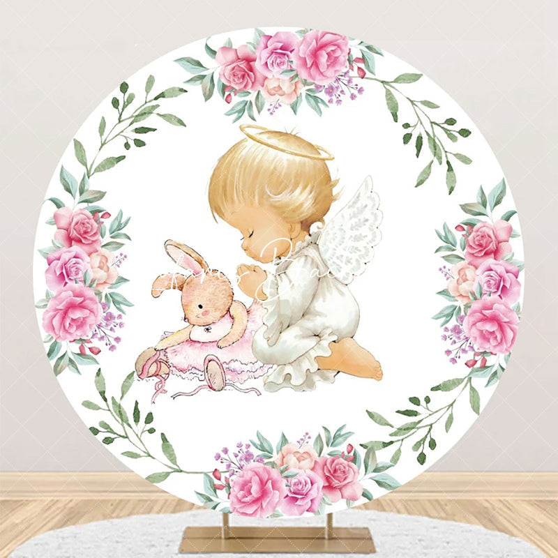 Lofaris White Pink Floral Leaves Bunny Angel Baby Backdrop