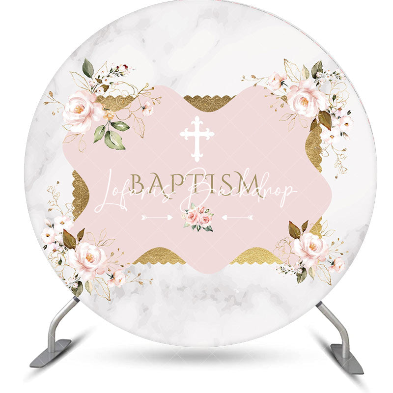 Lofaris White Pink Floral Marbled Round Baptism Backdrop