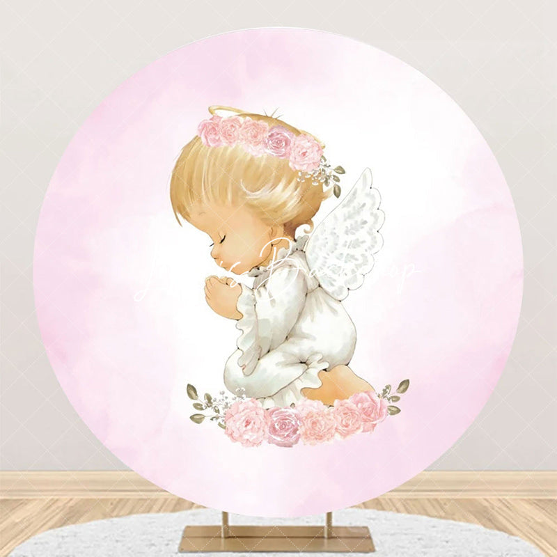 Lofaris White Pink Floral Wing Angel Baby Baptism Backdrop