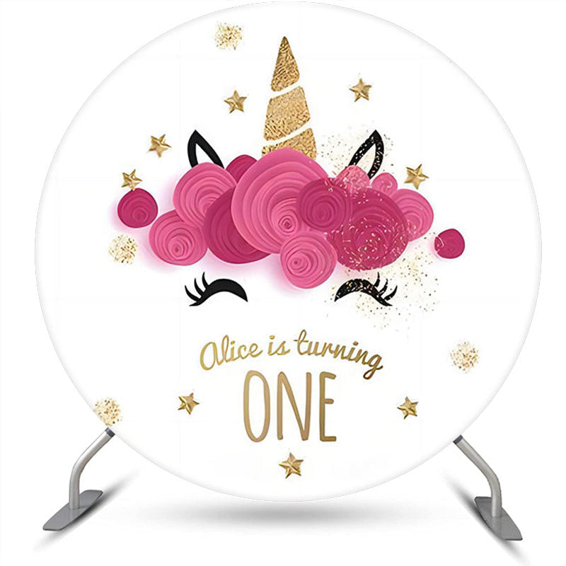 Lofaris White Pink Gold Unicorn Round 1st Birthday Backdrop