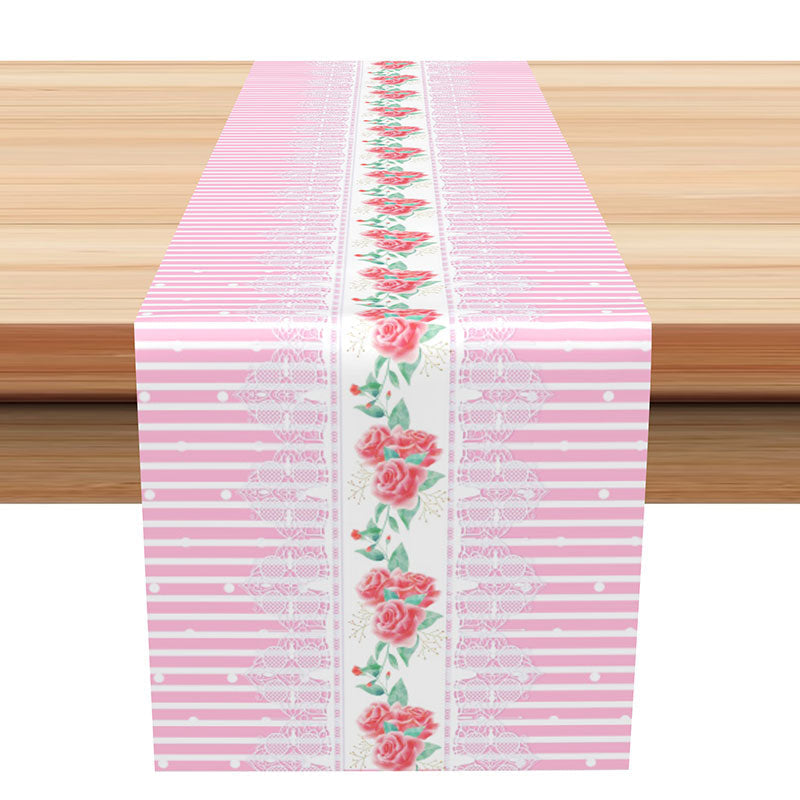 Lofaris White Pink Stripe Floral Valentines Day Table Runner